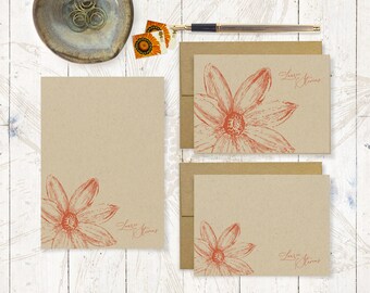 complete personalized stationery set - DAISY FLOWER BLOOM on Kraft - nature floral botanical - note cards and notepad stationary gift set