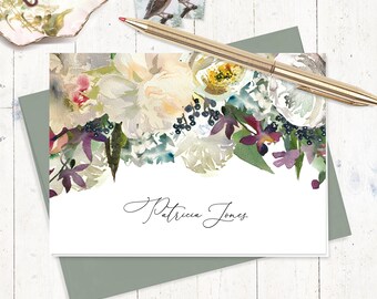 personalized stationery set - WINTER WHITE WATERCOLOR Flowers - pretty stationary flower cards - folded note cards set of 8