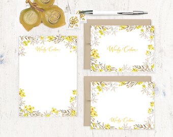 complete personalized stationery set - YELLOW FLOWER FIELDS - watercolor garden nature botanical - note cards and notepad stationary set