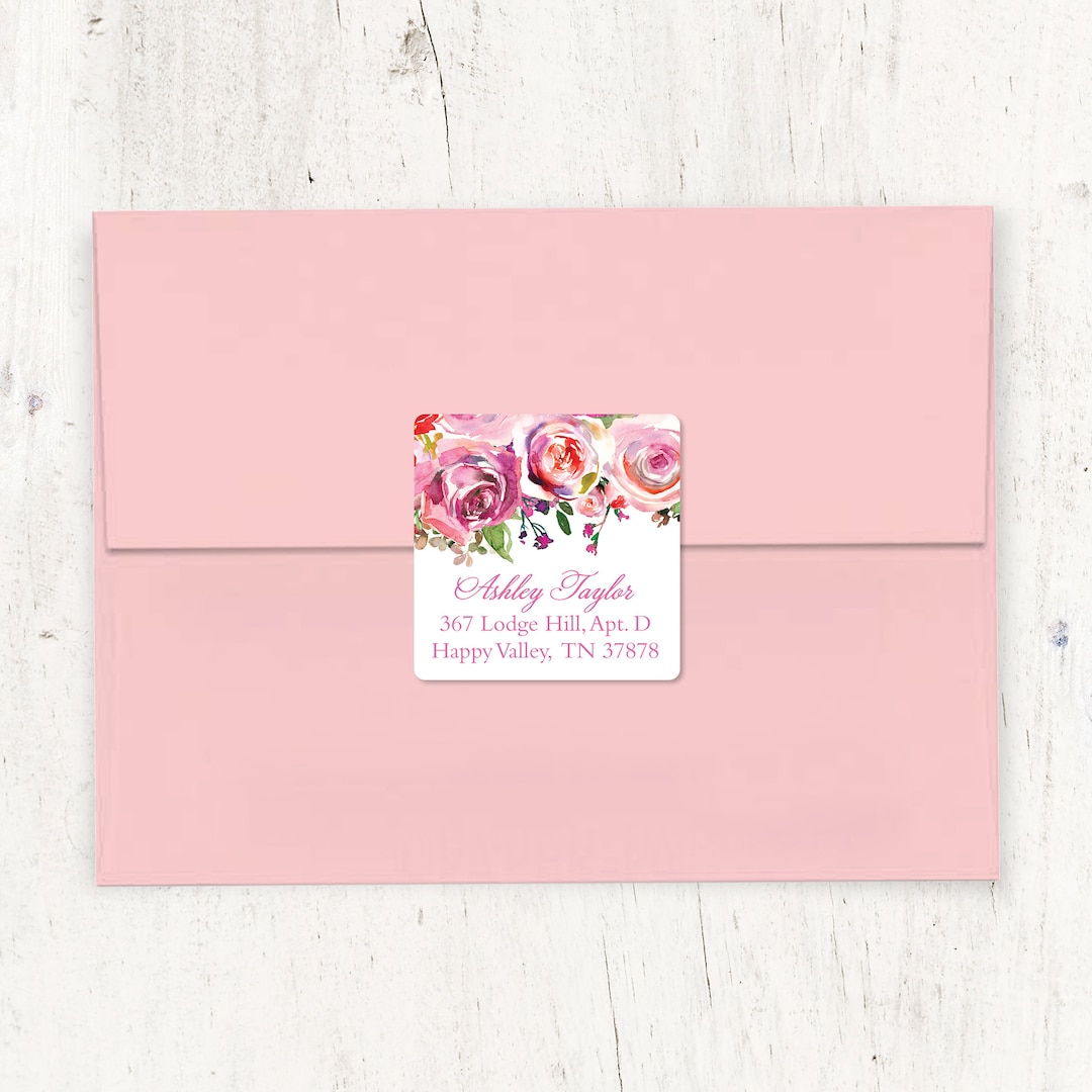 Personalized Return Address LABEL - PINK Watercolor ROSES - Sticker ...