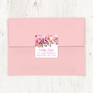 personalized return address LABEL - PINK watercolor ROSES - sticker square label custom - free shipping to U.S. - set of 48 labels