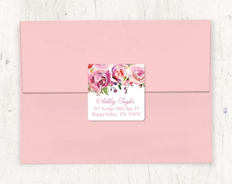 personalized return address LABEL - PINK watercolor ROSES - sticker square label custom - free shipping to U.S. - set of 48 labels