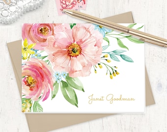 personalized stationery set - PASTEL WATERCOLOR FLOWERS - pretty stationary womens pink blue floral note set - folded note cards set of 8