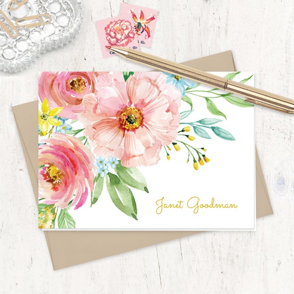 personalized stationery set - PASTEL WATERCOLOR FLOWERS - pretty stationary womens pink blue floral note set - folded note cards set of 8