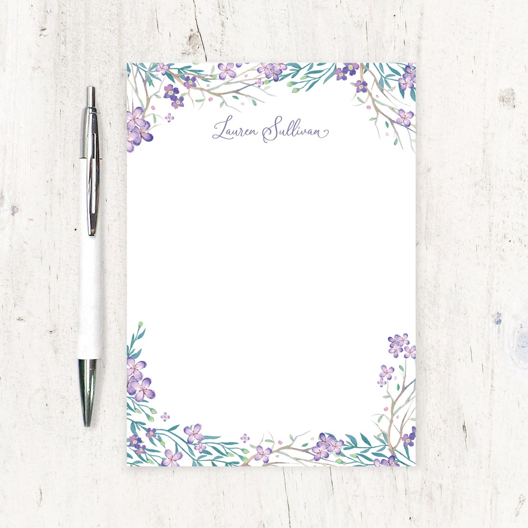 Personalized Notepad - PURPLE FLOWER FIELDS - Watercolor Stationery ...