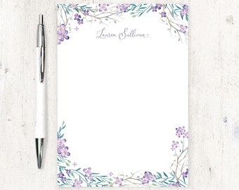 personalized notePAD - PURPLE FLOWER FIELDS - watercolor stationery pretty nature stationary botanical letter writing paper - 50 sheet pad