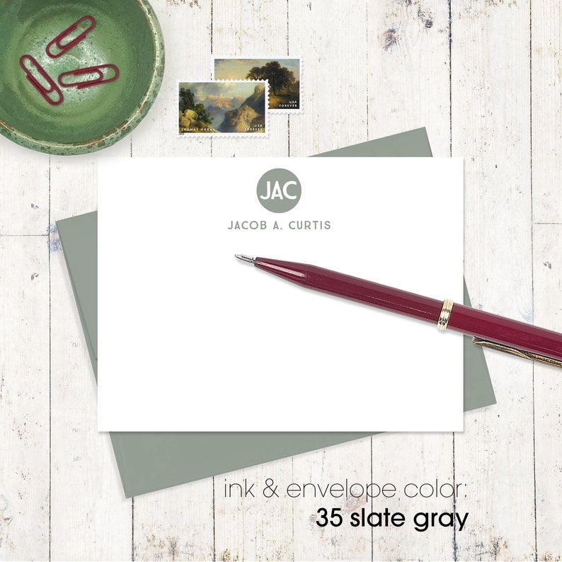 MASCULINE MONOGRAM 1-2- or 3-letter monogram stationery circle men/'s stationary set of 12 flat note cards personalized note card set