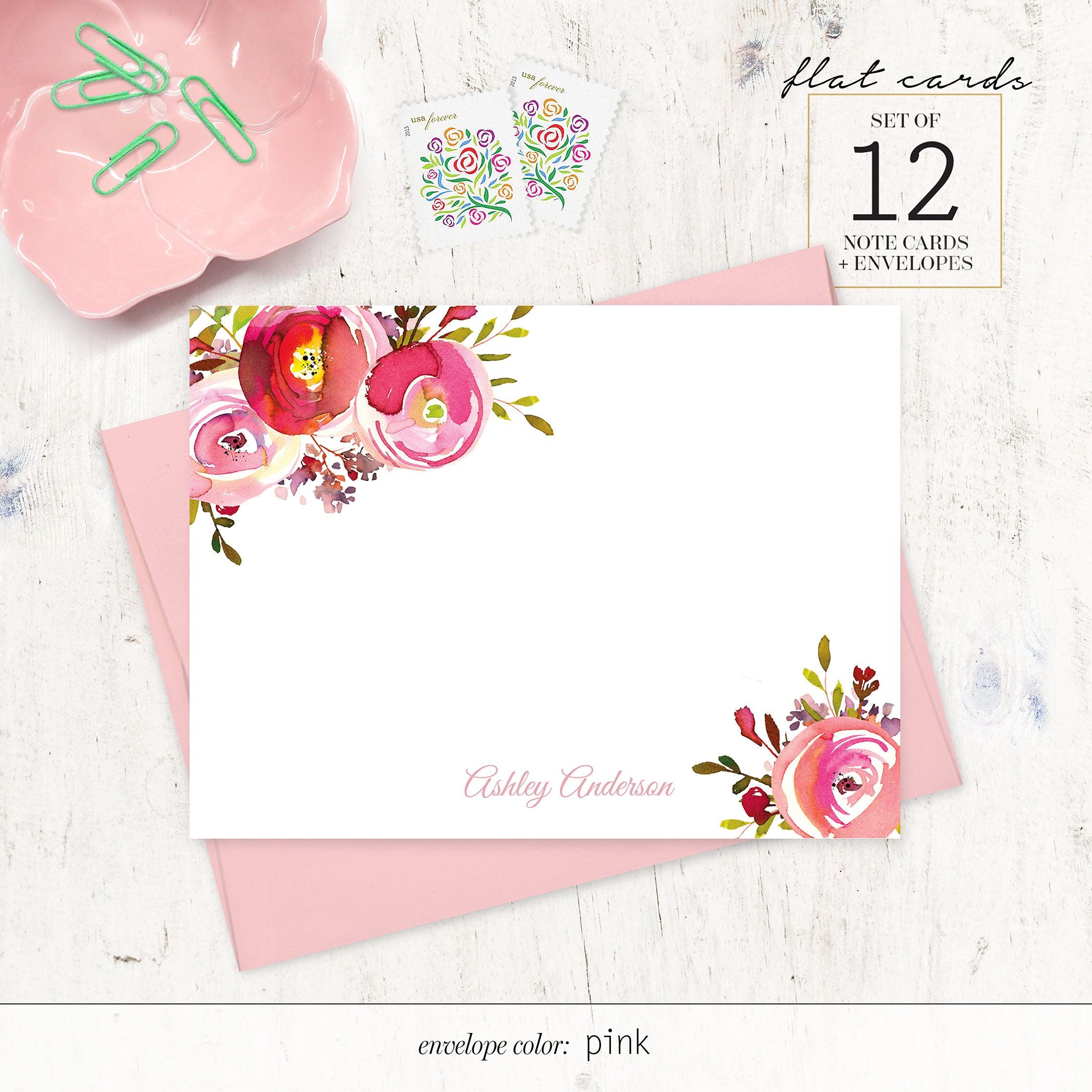 Personalized Note Card Set - PINK PEONIES WATERCOLOR Flowers- Floral ...