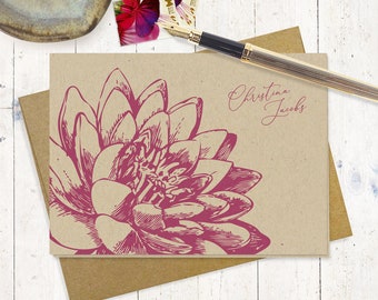 personalized stationery set - LOTUS FLOWER BLOOM on Kraft - floral stationary botanical garden - folded note cards set of 8