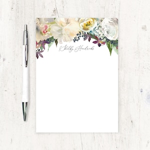 personalized notePAD - WINTER WHITE WATERCOLOR Flowers - stationery nature stationary letter writing paper - 50 sheet pad