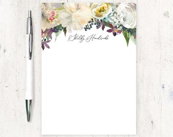 personalized notePAD - WINTER WHITE WATERCOLOR Flowers - stationery nature stationary letter writing paper - 50 sheet pad