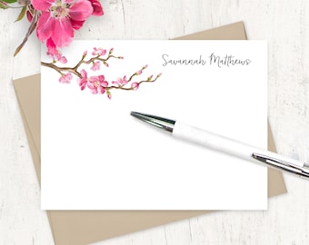 personalized note card set - CHERRY BLOSSOM WATERCOLOR flower branch - pretty stationary custom stationery nature - flat cards set of 12