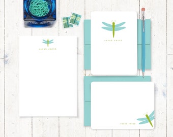 complete personalized stationery set - DRAGONFLY - cute stationary - cute note cards - simple notepad