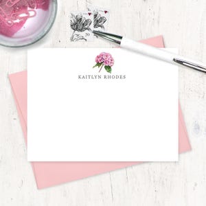 personalized note card set - single flower blossom PINK HYDRANGEA - watercolor floral stationery garden stationary - flat cards set of 12