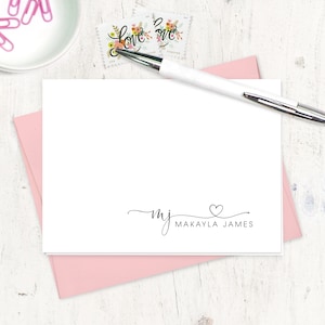 personalized stationery set - CHARMING HEART MONOGRAM - girl stationary cute cards monogrammed modern - folded note cards set of 8