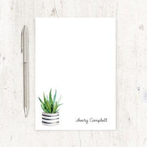 personalized notePAD - Watercolor ALOE VERA Houseplant in striped planter - floral stationery stationary letter writing paper - 50 sheet pad