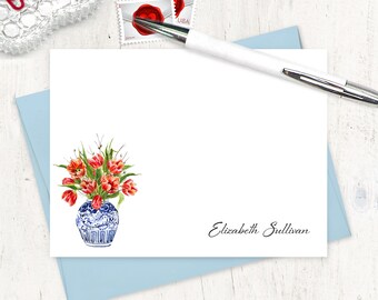 personalized note card set - Red Watercolor TULIPS in BLUE and WHITE Vase - floral stationery flower stationary - flat cards set of 12