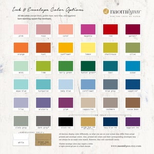 May include: A chart showing ink and envelope color options for stationery. The chart includes colors like pink, rose, coral, magenta, red, garnet, orange, rust, sunflower, lemon, chartreuse, olive, mint, lime, kelly green, hunter green, teal, ocean, aqua blue, turquoise, baby blue, cornflower, blue gray, sapphire, lilac, wisteria, plum, cappuccino, cashmere, cocoa bean, slate gray, dark gray, black ink, golden hour ink, navy blue ink, and eggplant ink. The chart also includes a note that darker envelope colors may require a white or light-colored gel pen or a black sharpie.