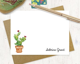 personalized note card set - Watercolor CACTUS Houseplant in Terracotta Planter - stationary bohemian succulent plant - flat cards set of 12