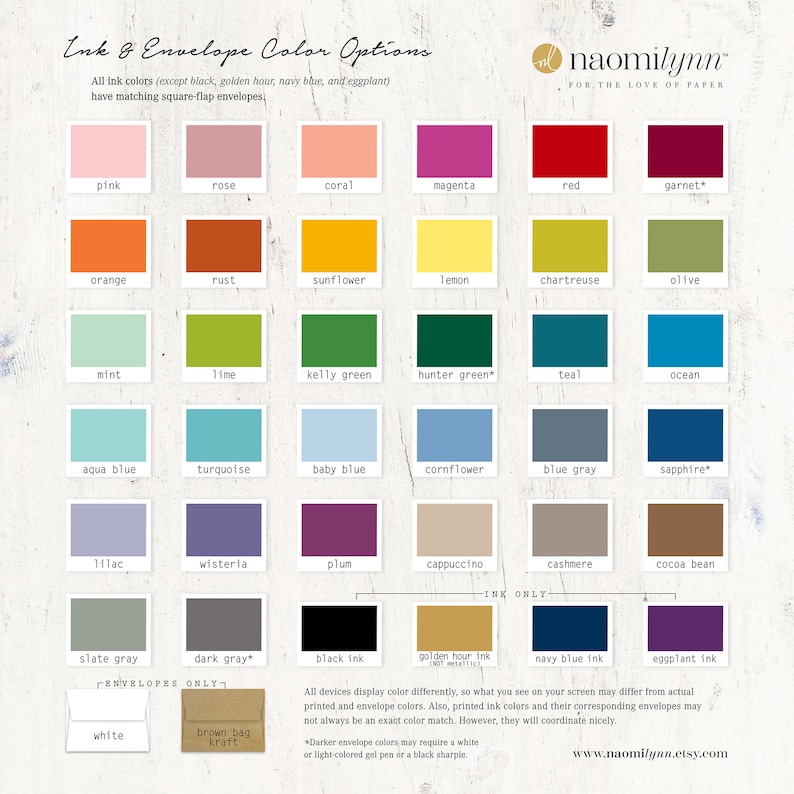 May include: A color chart featuring a variety of ink and envelope color options. The chart includes shades of pink, orange, green, blue, and purple, with text indicating the color names. The text also mentions matching square-flap envelopes.
