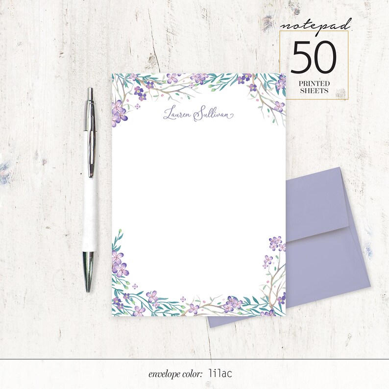 Personalized Notepad - PURPLE FLOWER FIELDS - Watercolor Stationery ...