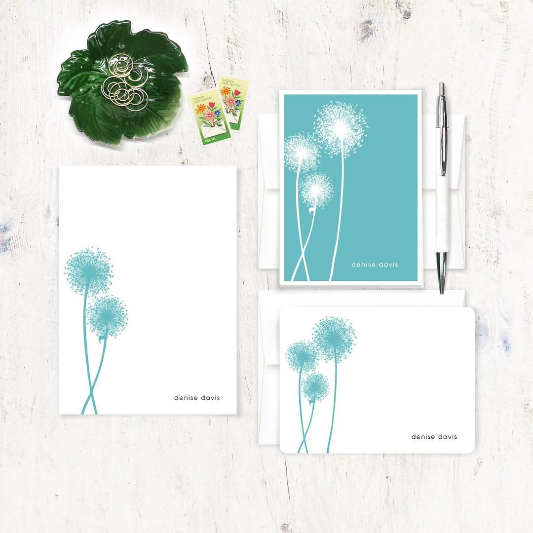 Dandelion Sticky Notes Personalized Stationery Set - BOTANICAL DANDELION - Note Card and ...
