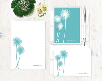 personalized stationery set - DANDELION - note card and notepad stationary set - dandelion cards - botanical gift set - choose color