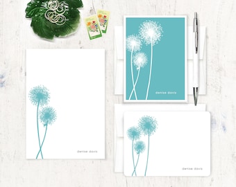 personalized stationery set - BOTANICAL DANDELION - note card and notepad stationary set - dandelion cards gift set - choose color