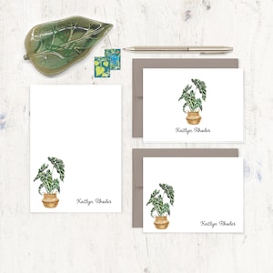 complete personalized stationery set bundle - Watercolor ELEPHANT EAR Houseplant in Boho Basket - note cards and notepad stationary set