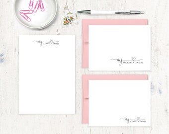 complete personalized stationery set - CHARMING HEART MONOGRAM  - personalized stationary set - note cards - notepad - fun girl cards