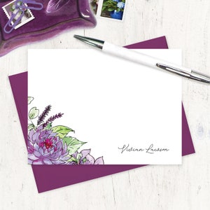 personalized note card set - VIVIAN'S PURPLE GARDEN Watercolor Flowers - floral stationary lotus stationery - flat note cards set of 12