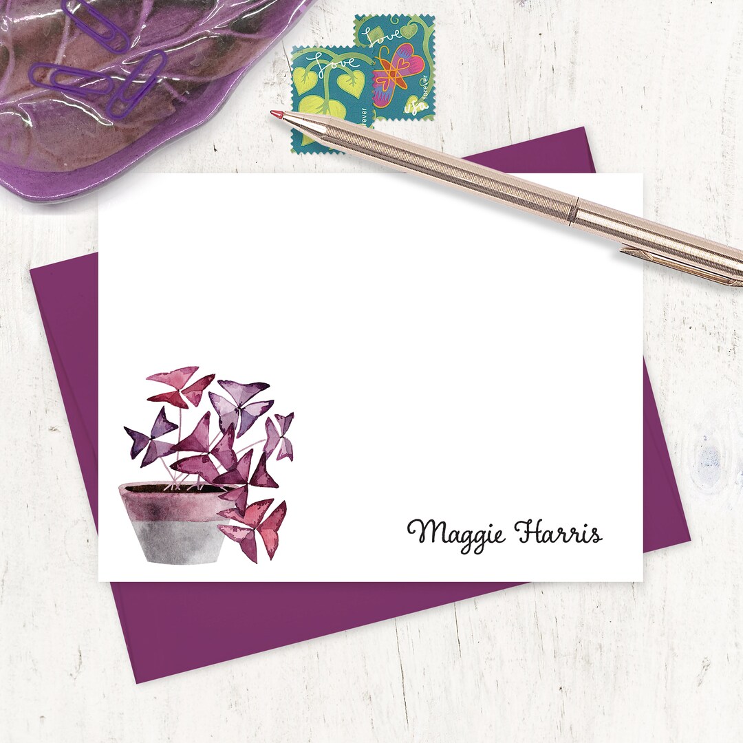Personalized Note Card Set - Watercolor PURPLE SHAMROCK Houseplant ...