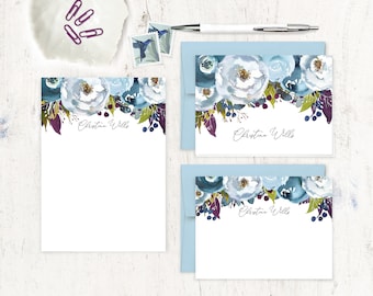 complete personalized stationery set - BLUE and AUBERGINE WATERCOLOR Flowers - pretty floral - note cards and notepad stationary gift set