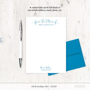 May include: White stationery with blue ink. The text reads "from the Mom of Aiden, Jonah & Ava" and "Deanne Becker 555-345-6789". The text "ink & envelope colour: ocean" is at the bottom of the page.