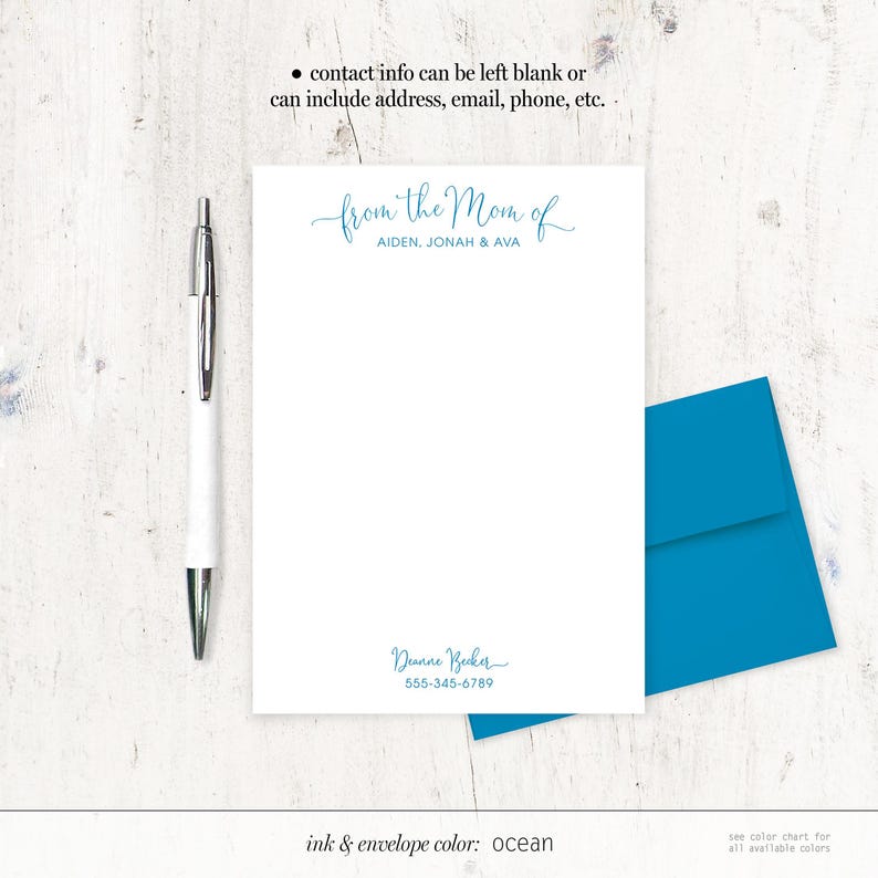 May include: White stationery with blue ink. The text reads "from the Mom of Aiden, Jonah & Ava" and "Deanne Becker 555-345-6789". The text "ink & envelope colour: ocean" is at the bottom of the page.