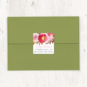 personalized return address LABEL - PINK PEONIES Watercolor Flowers - custom label square sticker - set of 48 labels