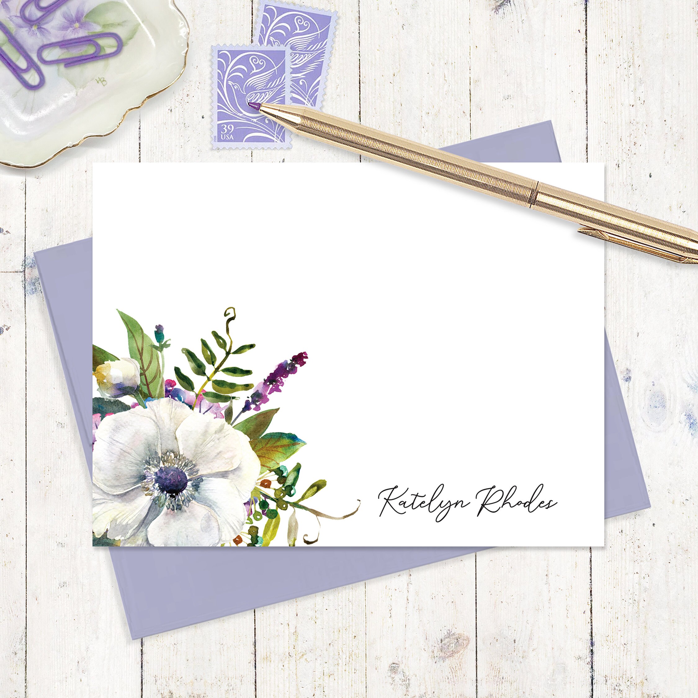 Folded Notes Watercolor Anemone Note Cards Personalized Stationary 