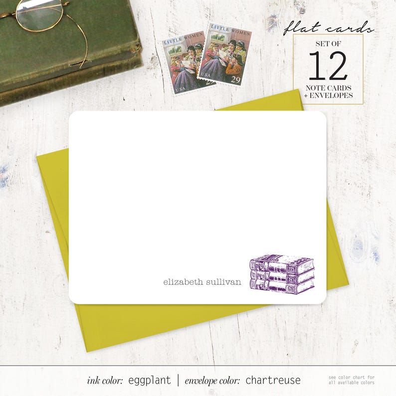 May include: A set of 12 flat note cards with envelopes, featuring a purple illustration of a stack of books. The cards are blank and have the text "elizabeth sullivan" printed on the bottom. The ink color is eggplant and the envelope color is chartreuse.