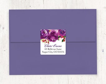 personalized return address LABEL - PURPLE PEONIES Watercolor Flowers - sticker square label custom - set of 48 labels