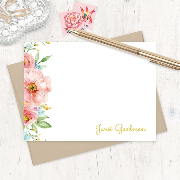 personalized note card set - PASTEL WATERCOLOR FLOWERS - custom stationery womens pretty botanical stationary - flat note cards set of 12
