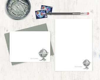 mini stationery bundle - VINTAGE GLOBE - world traveler stationary travel modern stationery - flat note cards and notepad
