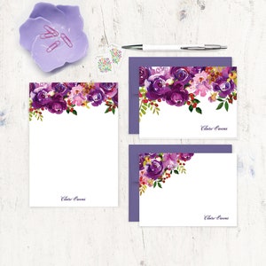 complete personalized stationery set - PURPLE PEONIES WATERCOLOR flowers - floral peony nature - note cards and notepad stationary gift set