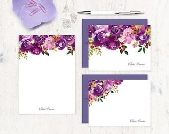 complete personalized stationery set - PURPLE PEONIES WATERCOLOR flowers - floral peony nature - note cards and notepad stationary gift set