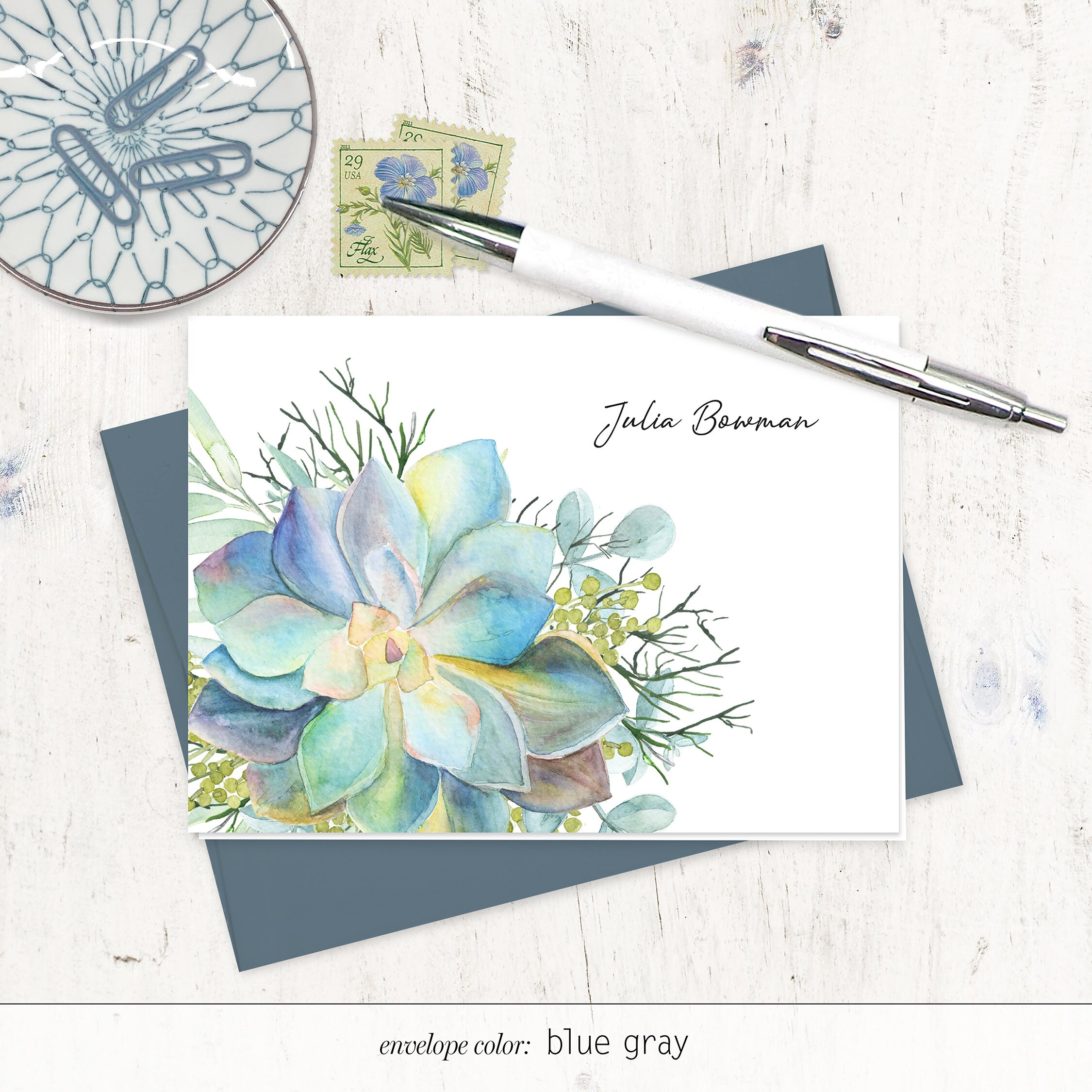 Personalized Stationery Set - SINGLE SUCCULENT WATERCOLOR - Pretty ...