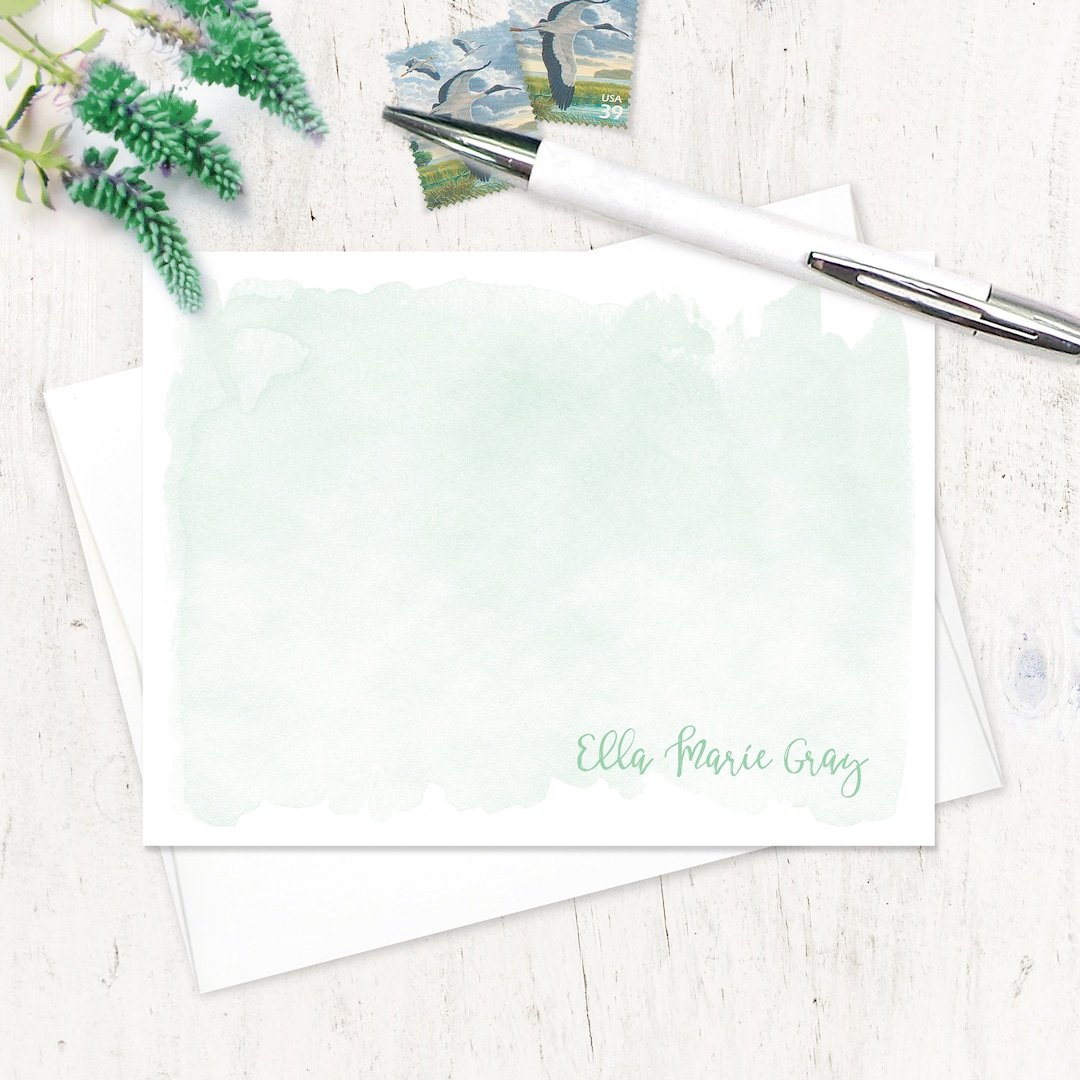 Personalized Note Card Set - MINT WATERCOLOR WASH - Custom Stationery ...