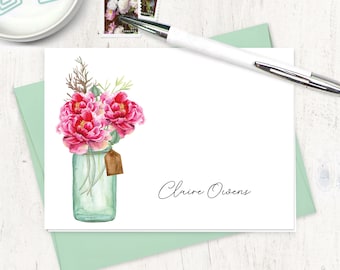 personalized stationery set - WATERCOLOR PEONIES in JAR - floral peonies stationary feminine gift set - folded note cards set of 8