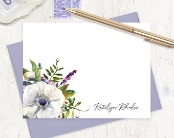 personalized note card set - WHITE ANEMONE WATERCOLOR Flower - custom womens stationary pretty floral stationery - flat cards set of 12