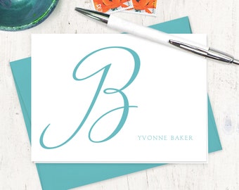 personalized stationery set - CURSIVE INITIAL MONOGRAM - feminine stationery monogrammed cards - folded note cards set of 8