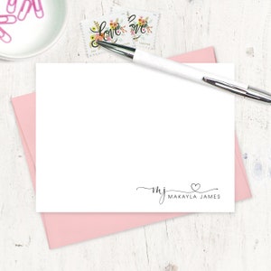 personalized note card set - CHARMING HEART MONOGRAM - women's stationery fun note cards custom stationary - flat note cards set of 12