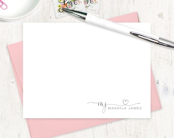 personalized note card set - CHARMING HEART MONOGRAM - women's stationery fun note cards custom stationary - flat note cards set of 12
